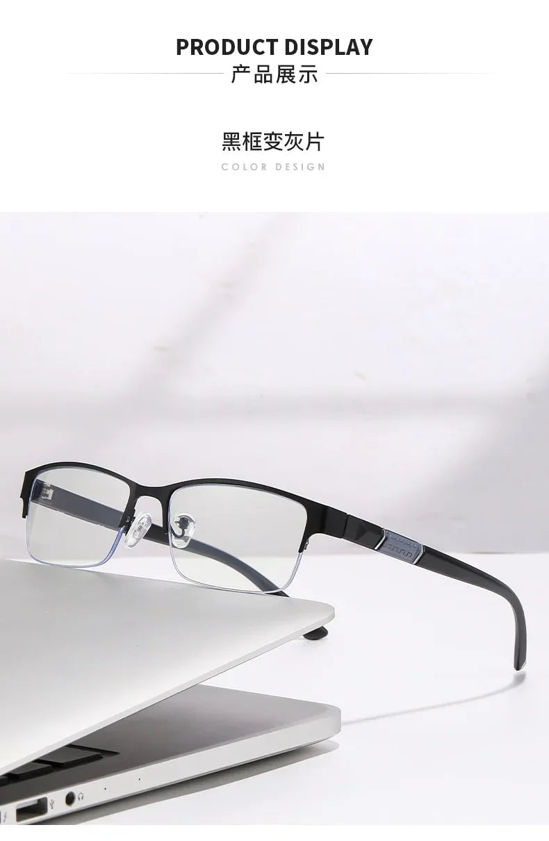 Metal Frame Far Sighted Eyeglasses with Sunshades Smart Photochromic Multifocal Reading Glasses Men Business Presbyopia Eyewear