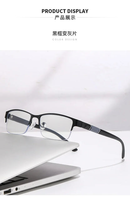Metal Frame Far Sighted Eyeglasses with Sunshades Smart Photochromic Multifocal Reading Glasses Men Business Presbyopia Eyewear