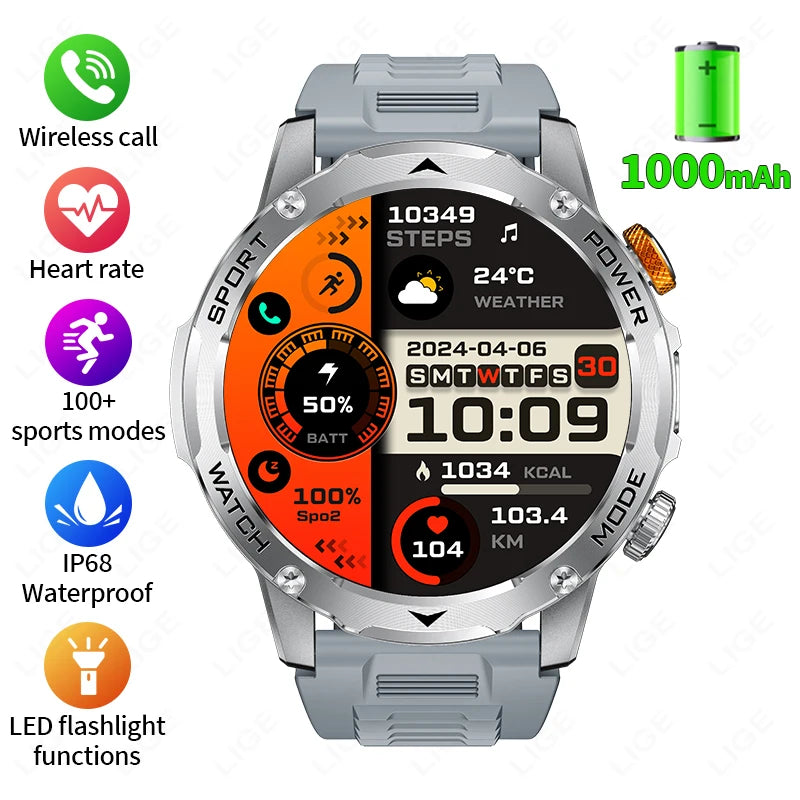 LIGE New 1000mAh Big Battery Smart Watch Men LED Flashlight BT Call IP68 Waterproof Men Watches Spots Smartwatch For Android ios