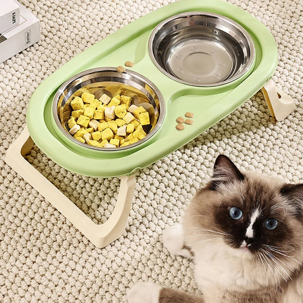 Pet Bowl Double Bowl: Elevated Foldable Design for Cats & Dogs, Anti-Spill, Large Capacity, Cat Food Bowl Dog Feeding Plate