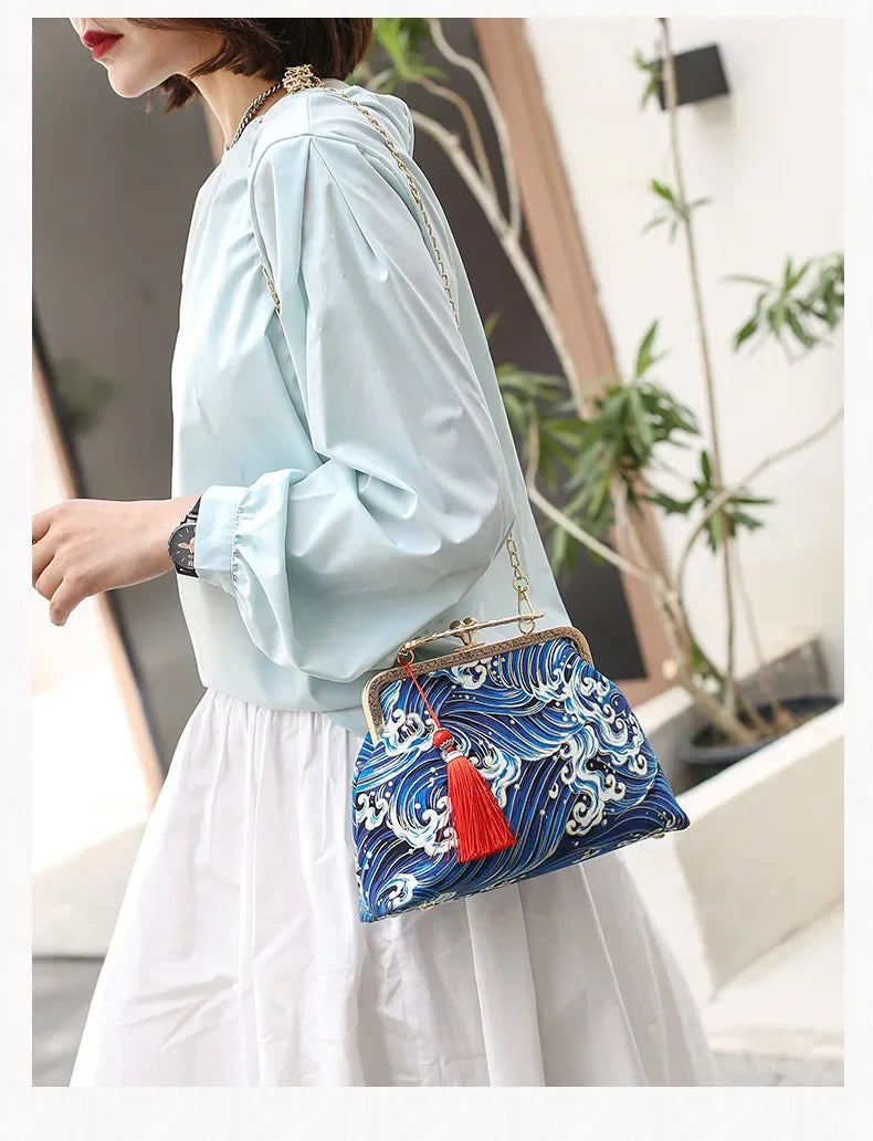 Fashion Vintage Fringe Bag Small Shell Bags Chain Women Shoulder Crossbody Bag Crane Flying Women's Handbags Purses Embroidery