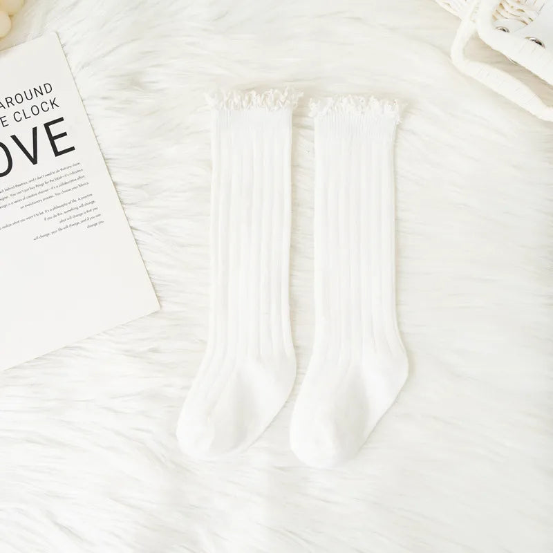 Ruffle Kids Knee High Socks Baby Girls Toddlers Long Soft Cotton Sock Lace Flower Children School Uniform Socks For 0-8 Years