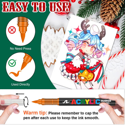 12/120 Colors Paint Markers, Brush Acrylic Paint Pens for Art Supplies Fabric Paint Stone Glass Ceramic Wood Rock Christmas Card
