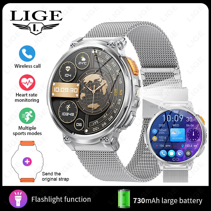 LIGE 1.85"HD Screen Outdoor Sport Smartwatch Men Heart Rate Flashlight Watch 730mAh Battery Waterproof Wireless Call Smart Watch