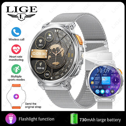 LIGE 1.85"HD Screen Outdoor Sport Smartwatch Men Heart Rate Flashlight Watch 730mAh Battery Waterproof Wireless Call Smart Watch