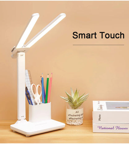 LED Table Lamp USB Chargeable Dimmable Clock Desk Lamps 2 Heads 180 Rotate Foldable Eye Protection Desktop Reading Night Lights