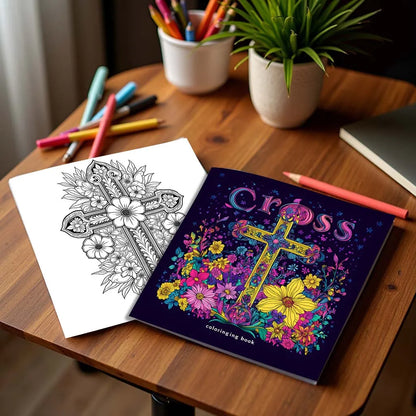 Cross surrounded by flowers Art Coloring Book 24 page Adult Picture Book help relieve stress and mood Graffiti Painting Drawing