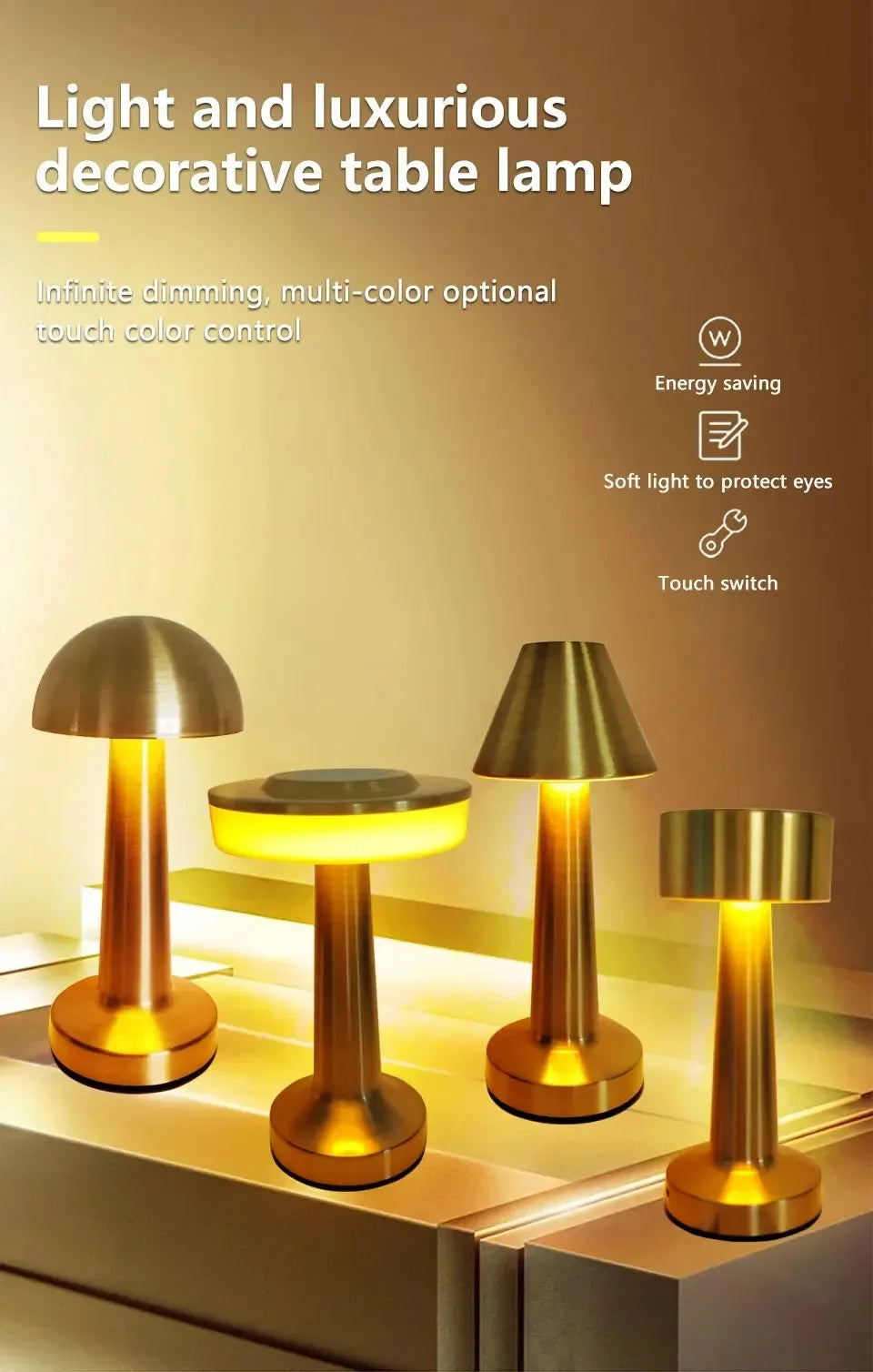 LED Table Light 3 Color Modes Retro Coffee Table Lamp with Touch Control Mushroom & Dumbbell Styles Sensor Rechargeable Night