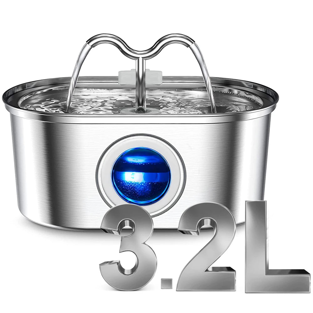 108oz/3.2L Cat Water Stainless Steel Pets Dispenser With LED Light Silent Pump Automatic Fountain For Cat Dog Drinking Bowl