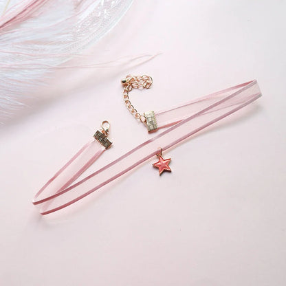 Fashion Women's Choker Necklace Lovely Gothic Pink Lace Pearl Pendant Elastic Short Clavicle Necklace Jewelry Gift For Girls