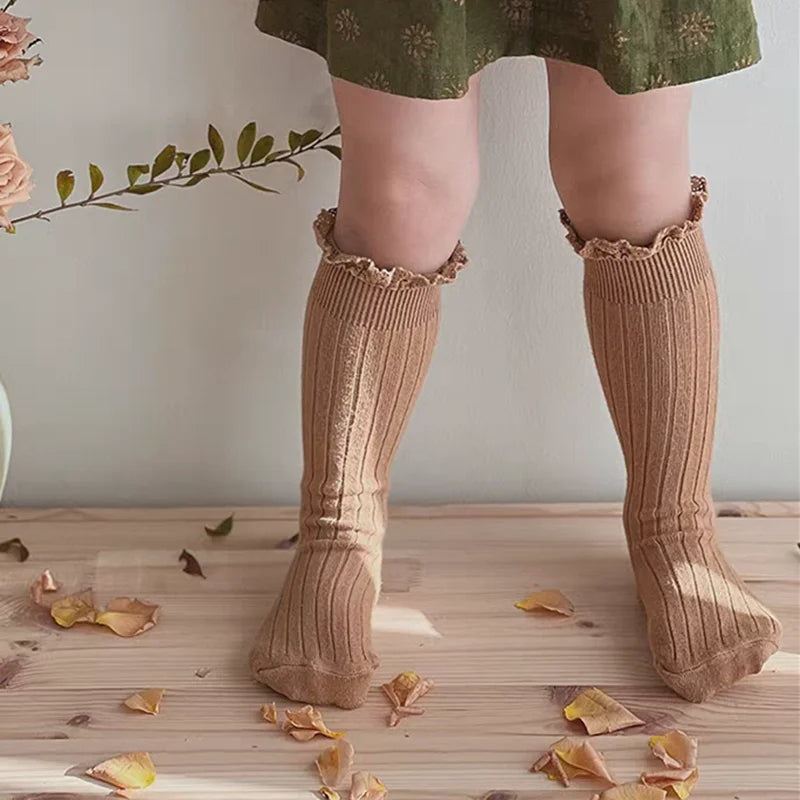 Ruffle Kids Knee High Socks Baby Girls Toddlers Long Soft Cotton Sock Lace Flower Children School Uniform Socks For 0-8 Years
