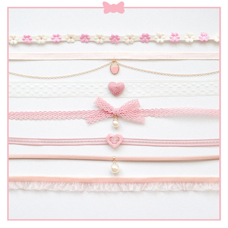 Fashion Women's Choker Necklace Lovely Gothic Pink Lace Pearl Pendant Elastic Short Clavicle Necklace Jewelry Gift For Girls