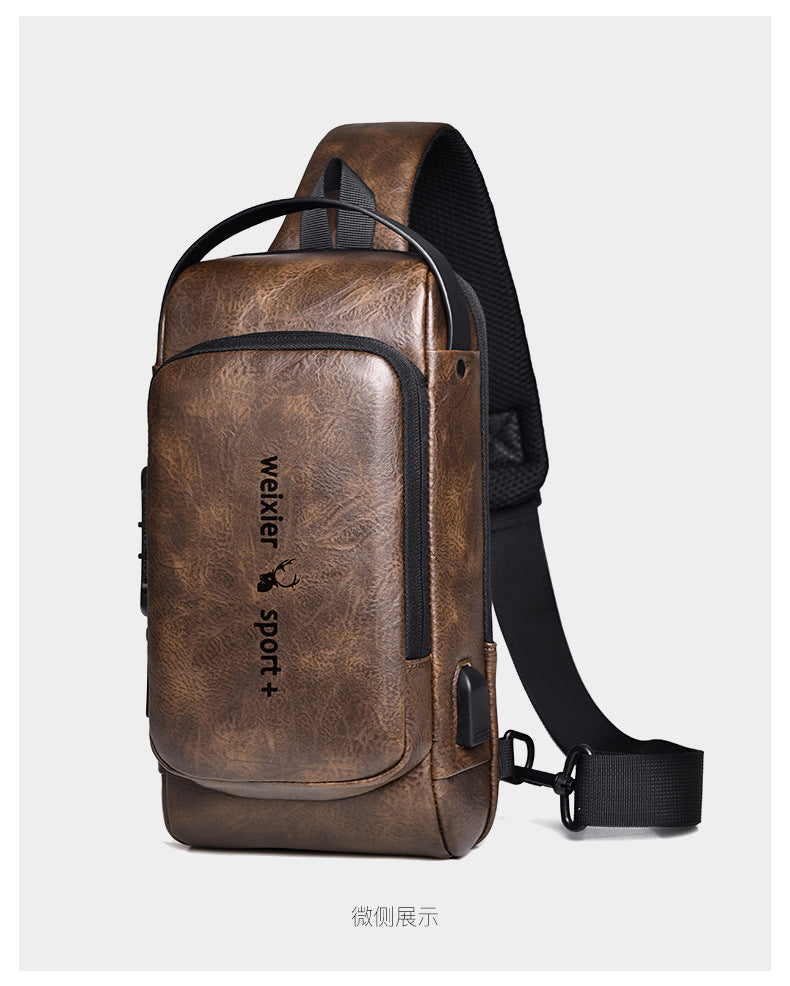 New Casual Chest Bag Travel shoulder bag Men Multifunction Anti-theft USB Charging Crossbody Bag Quality PU Leather Pack Male