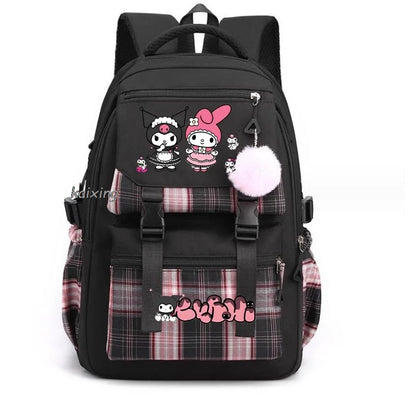 Lovely Kuromi Melody Backpacks Cosplay Plaid Women Men multi-pocket Lightweight School Bags Travel Ins Capacity Laptop Mochilas