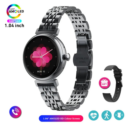 AMOLED Bluetooth Call Smart Watch Screen Always Display 1.04 inch Fashion Ladies Smartwatch Metal Body Small Screen Watch