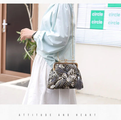 Fashion Vintage Fringe Bag Small Shell Bags Chain Women Shoulder Crossbody Bag Crane Flying Women's Handbags Purses Embroidery