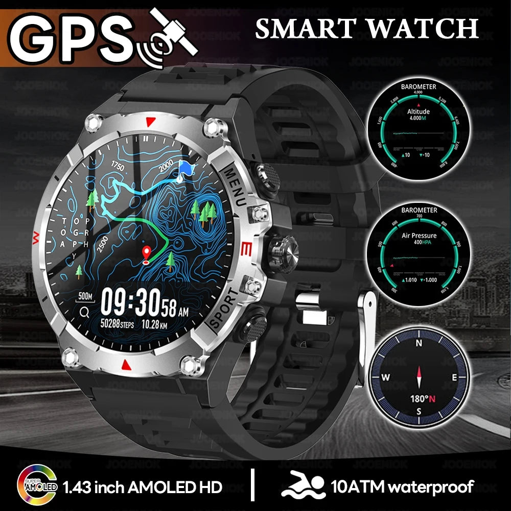 Military GPS Smart Watch Men AMOLED HD Screen Altitude Compass Heart Rate Sports Watch BT Calling IP68&10ATM Waterproof Watch