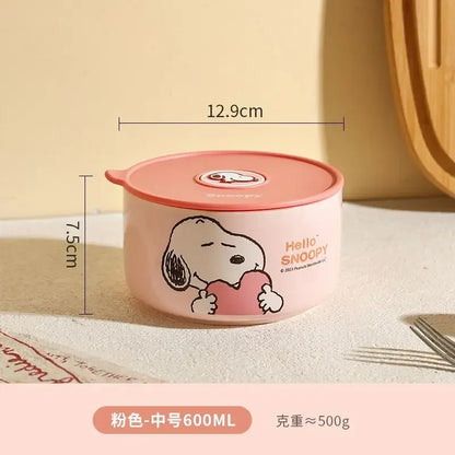 Snoopy animation peripheral cartoon safety bowl sealed ceramic box with lid can be microwaved and portable for office workers