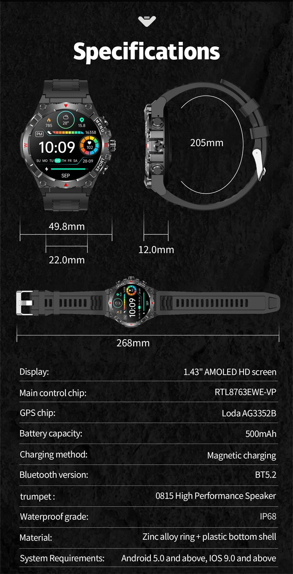 Military GPS Smart Watch Men AMOLED HD Screen Altitude Compass Heart Rate Sports Watch BT Calling IP68&10ATM Waterproof Watch
