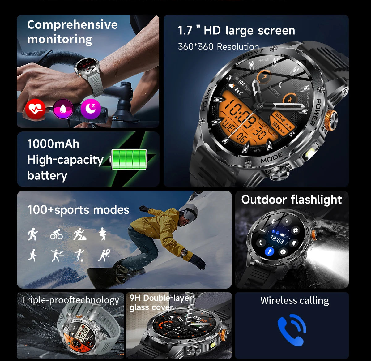 LIGE New Military Outdoor Sport Smart Watch Men Flashlight IP68 Waterproof 1.7" HD Wireless Call Smartwatch 1000mAh Big Battery