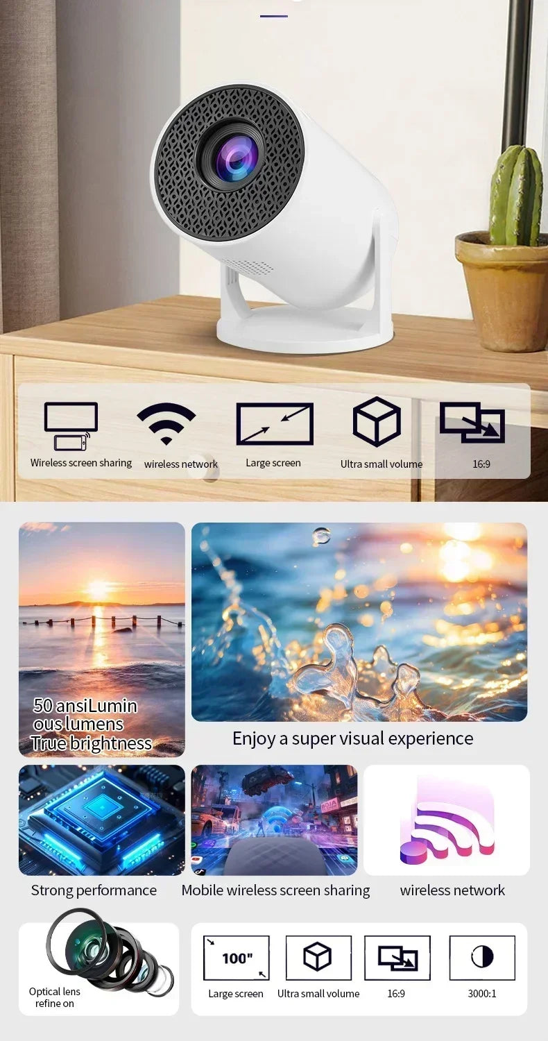HY200 Projector Home Theater  1080P HD, 270° Adjustable, Portable for USB/TV Stick/Smartphone/Laptop Streaming