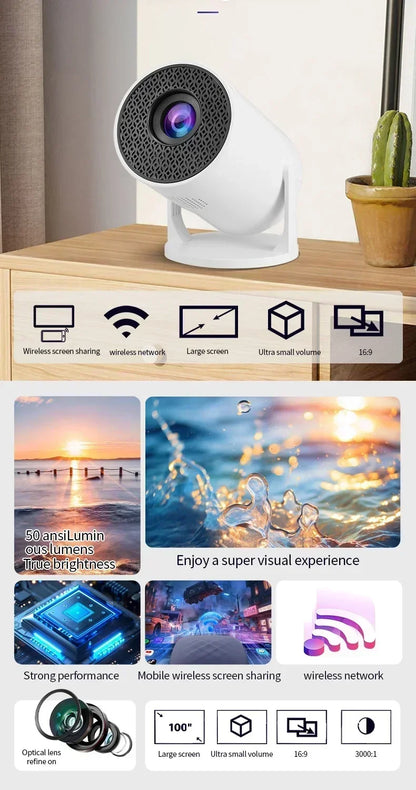 HY200 Projector Home Theater  1080P HD, 270° Adjustable, Portable for USB/TV Stick/Smartphone/Laptop Streaming