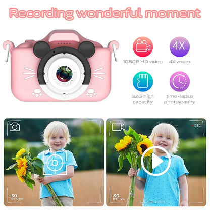 Kids Camera HD Digital Video Toddler Camera with Silicone Cover Portable Toy with 32 GB SD Card for Girl Christmas Birthday Gift
