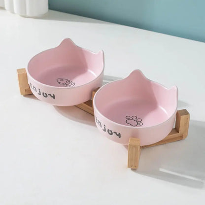 Ceramic Pet Bowl Cute Single/Double Bowl Dog Food Feeding Basin Large Capacity with Rack Pet Drinking Feeder Neck Protection