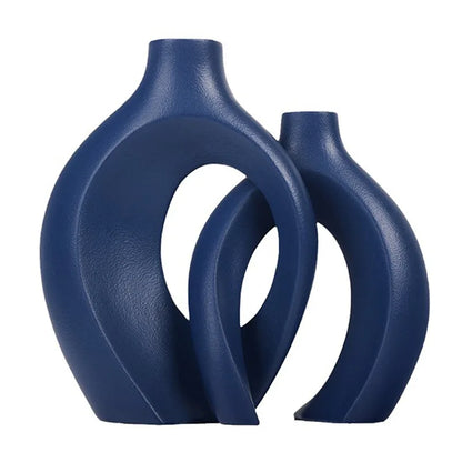 ,  Hollow Cuddled Ceramic Vase, 2 for Modern Home Decoration, Boho Donut Vase, Black and White Minimalist Decorative Flowerpot