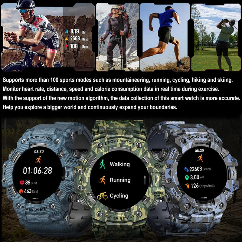 2025 New Rugged Outdoors Sports Smart Watch Men Bluetooth Call Colorful IP68 Waterproof Military Compass Smartwatches Flashlight
