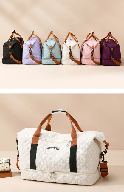 Nylon Travel Duffle Bag with Shoe Compartment, Large Capacity Argyle Pattern Casual Weekender Overnight Gym Storage Bag