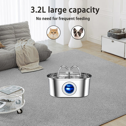 108oz/3.2L Cat Water Stainless Steel Pets Dispenser With LED Light Silent Pump Automatic Fountain For Cat Dog Drinking Bowl