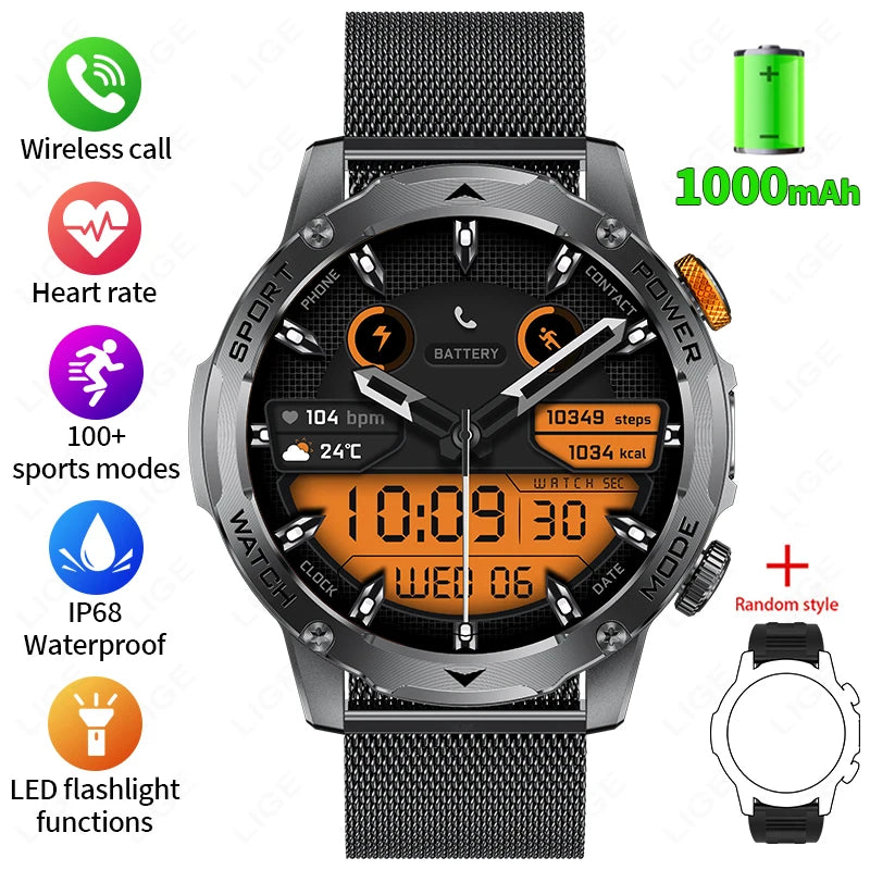 LIGE New 1000mAh Big Battery Smart Watch Men LED Flashlight BT Call IP68 Waterproof Men Watches Spots Smartwatch For Android ios