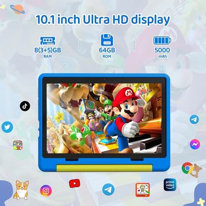 Kid Tablet 10 Inch Android 14 Octa Core 8GB RAM 64GB ROM 128GB Expandable 5000mAh WiFi Bluetooth Children's Gift Kids Software