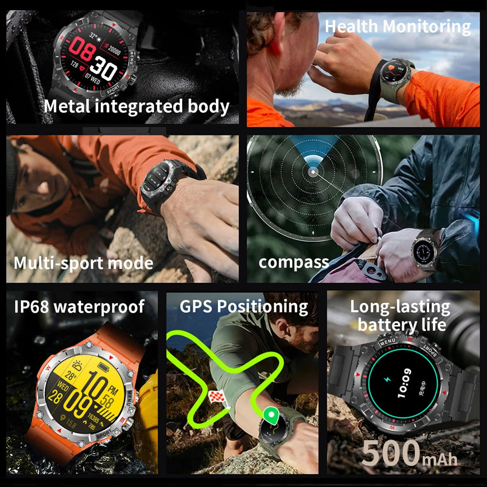 Military GPS Smart Watch Men AMOLED HD Screen Altitude Compass Heart Rate Sports Watch BT Calling IP68&10ATM Waterproof Watch