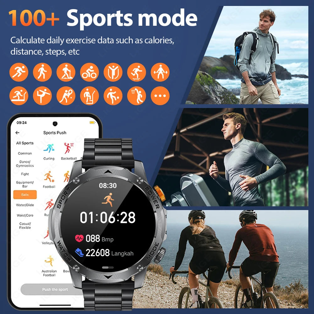 LIGE New Military Outdoor Sport Smart Watch Men Flashlight IP68 Waterproof 1.7" HD Wireless Call Smartwatch 1000mAh Big Battery