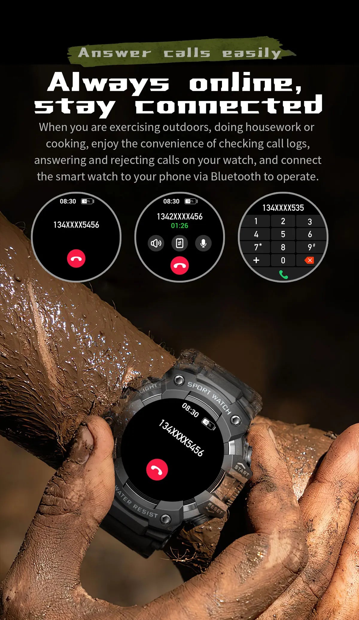2025New Outdoor Sports Flashlight Fitness Smart Watch Bluetooth Call Multiple Sports Modes Compass Waterproof Outdoor Durable