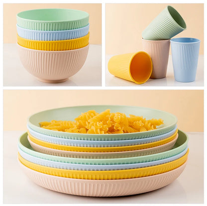 Wheat Straw Cutlery Set 4Pcs Bowl Cup Dish Set Portable Tableware Set Dinnerware Kits for Picnic Camping