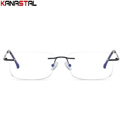 Men's Anti Blue Light Blocking Reading Glasses Cut Frameless Metal HD Lens Eyewear Women Prescription Presbyopic Glasses +400