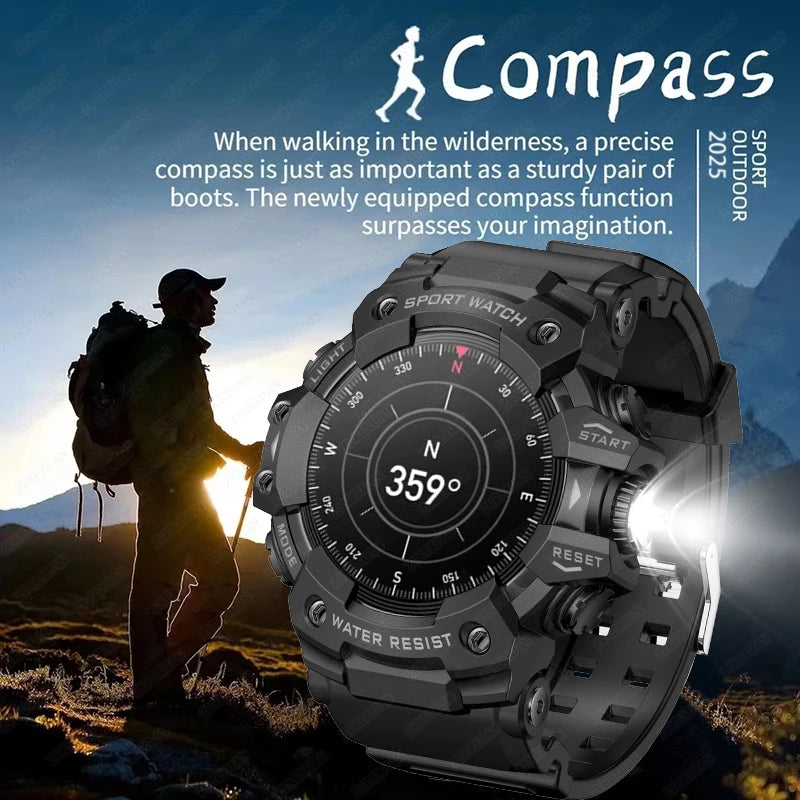 2025 New Rugged Outdoors Sports Smart Watch Men Bluetooth Call Colorful IP68 Waterproof Military Compass Smartwatches Flashlight