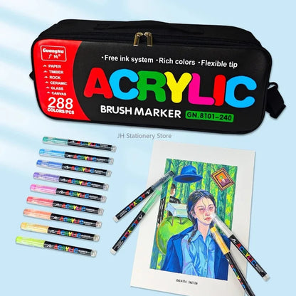 168-288 Colors Liquid Acrylic Marker Pens,Brush Soft Tip Juicy Ink Art Supplies For Students,GuangNa Stationery School Supplies
