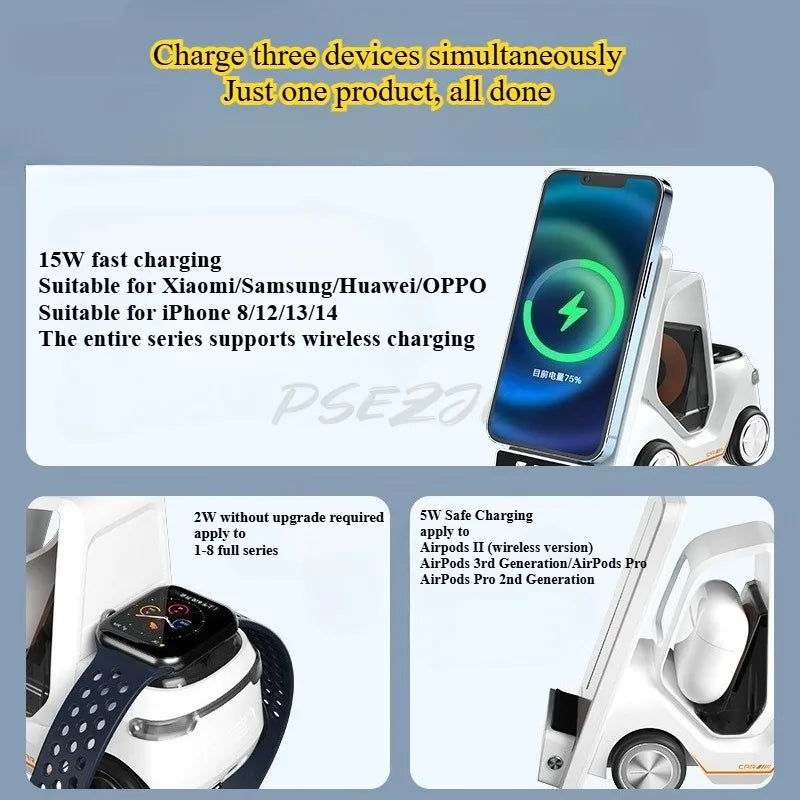 Desktop Car Wireless Charger Suitable for Mobile Phones Headphones Watches Three in One Wireless Charger