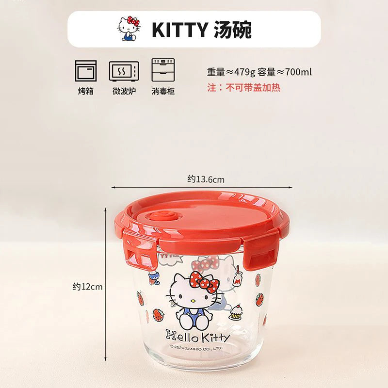 Sanrio Kawaii Hello Kitty Glass Lunch Box My Melody Kuromi Anime Cartoon Sweet Microwaveable Sealed Soup Bowls with Separate Lid
