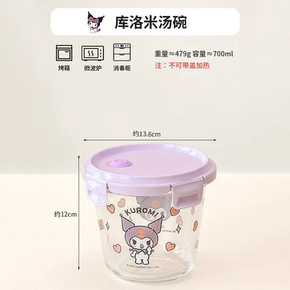 Sanrio Kawaii Hello Kitty Glass Lunch Box My Melody Kuromi Anime Cartoon Sweet Microwaveable Sealed Soup Bowls with Separate Lid