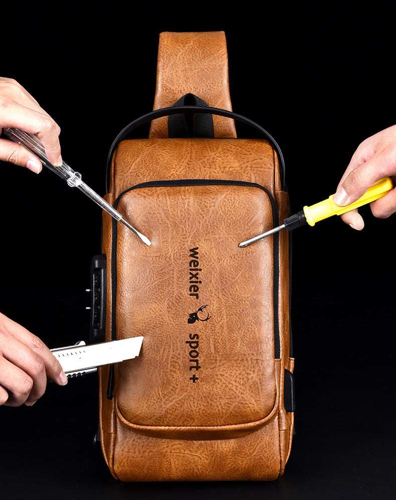 New Casual Chest Bag Travel shoulder bag Men Multifunction Anti-theft USB Charging Crossbody Bag Quality PU Leather Pack Male