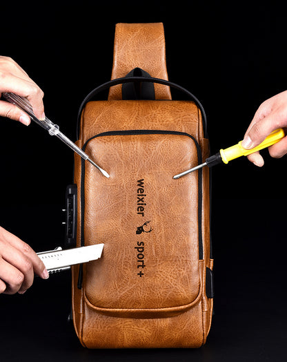New Casual Chest Bag Travel shoulder bag Men Multifunction Anti-theft USB Charging Crossbody Bag Quality PU Leather Pack Male