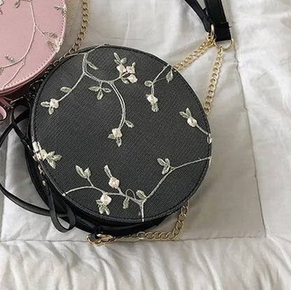 Sweet Lace Round Handbags High Quality PU Leather Women Crossbody Bags for Women 2025 Small Fresh Flower Chain Shoulder