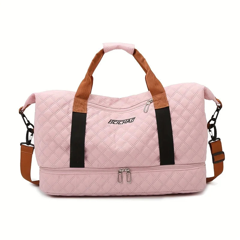 Nylon Travel Duffle Bag with Shoe Compartment, Large Capacity Argyle Pattern Casual Weekender Overnight Gym Storage Bag