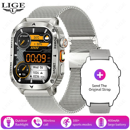 LIGE New Premium Military Smart Watch Men Flashlight Waterproof Outdoor Sport Tracker Bluetooth Call Smartwatch 400mAh Battery