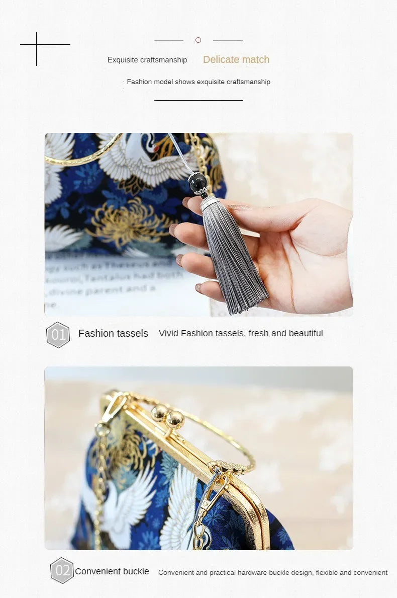 Fashion Vintage Fringe Bag Small Shell Bags Chain Women Shoulder Crossbody Bag Crane Flying Women's Handbags Purses Embroidery